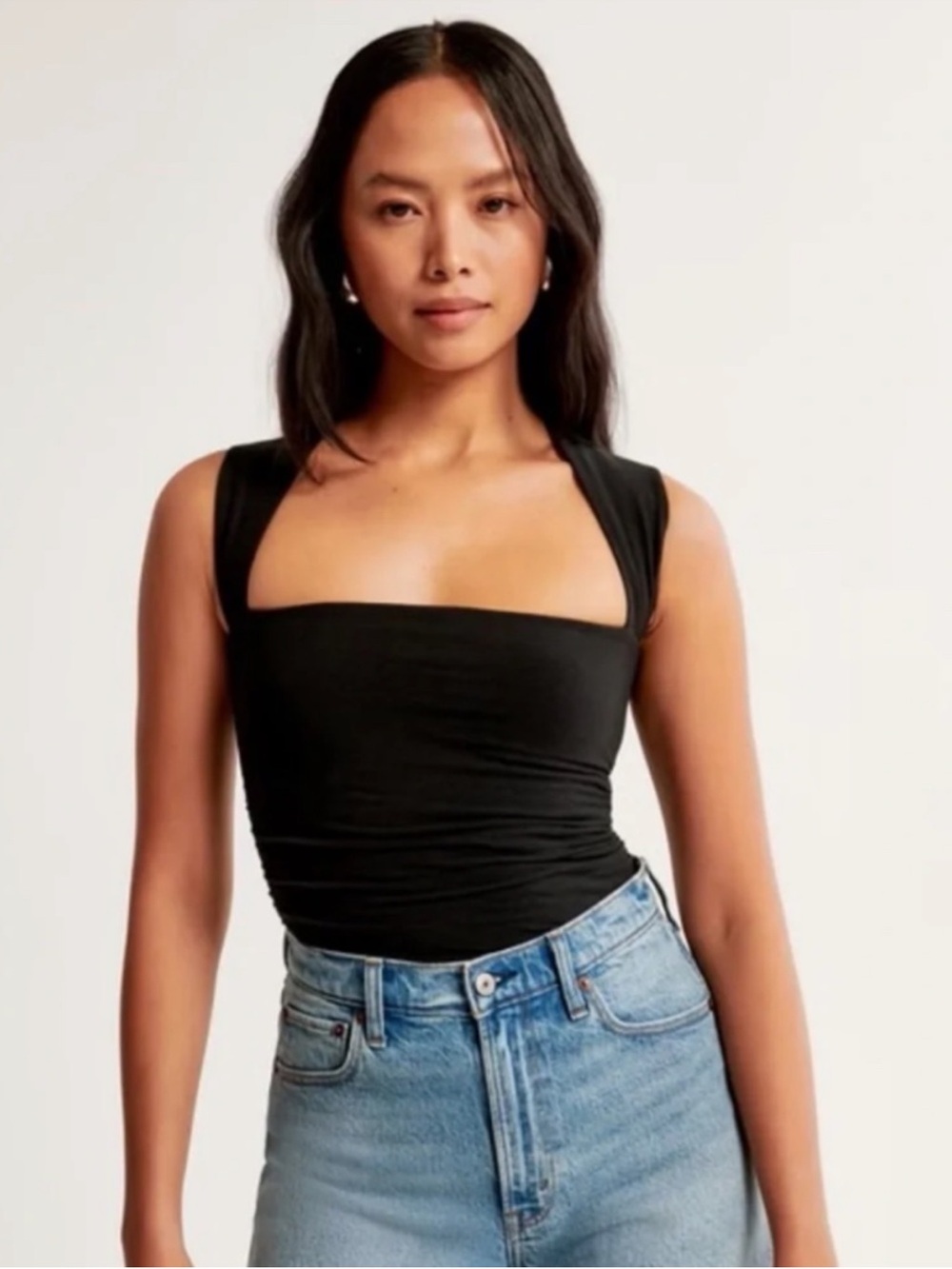 Abercrombie & Fitch Black Cotton-Blend Ruched Portrait Bodysuit